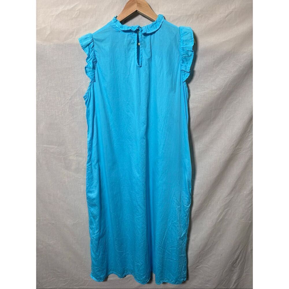 Stark Blue Cotton Midi Dress Large Ruffle Neck Sleeveless Swing Dress USA - Picture 3 of 9